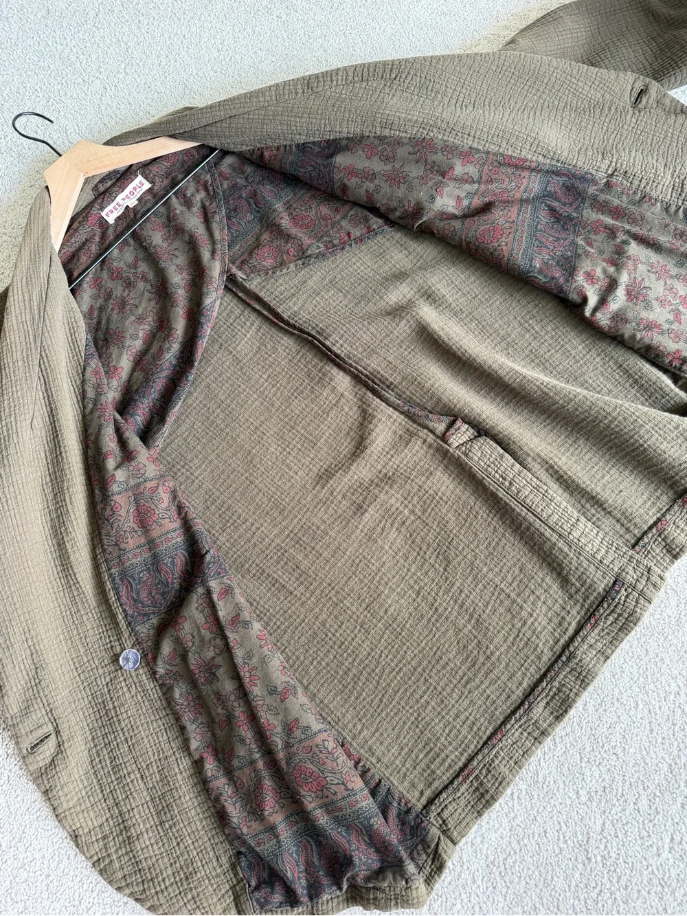 Free People Rumors Blazer Jacket Olive Green Double Gauze Cotton Oversized S